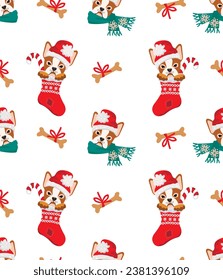 Cartoon doggy christmas seamless pattern.Funny animal character with hat and scarf.Cute pet in sock and bone tied with a bow.Winter holidays vector background for printing on fabric and paper.