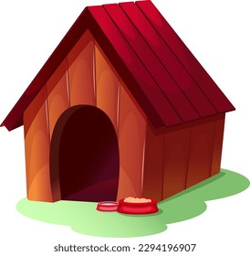 A cartoon doghouse with food and water bowls