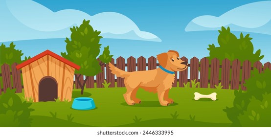 Cartoon doghouse on backyard in summer with dog character near house with trees and bushes. 