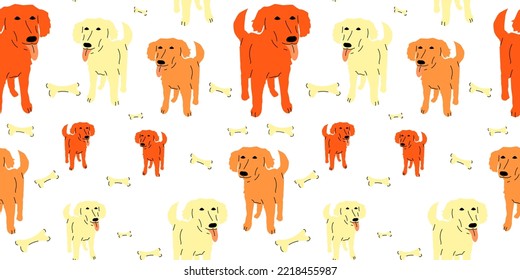 Cartoon Dogs With Bone Seamless Pattern On White Background. Orange And Yellow Labradors With Tongue Hanging Out. Designing A Website About Animal Feed, A Shelter, An Online Pet Selection Store.