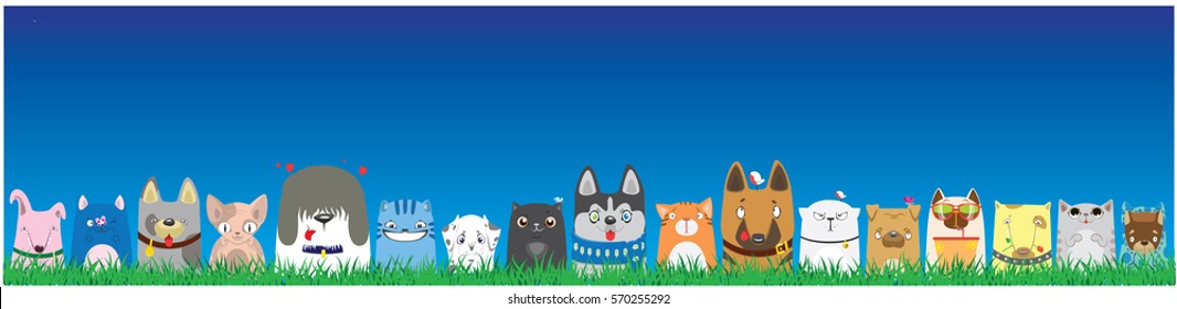 Cartoon dogs and cats on blue sky background. Cute pets background. Banner