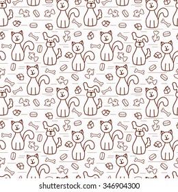Cartoon Dogs and Cats. Vector Seamless Pattern. Black and white background for kids.