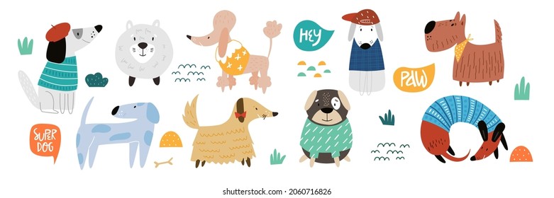 Colección de personajes de perros de dibujos animados. Conjunto de animales de compañía purpurrí aislados sobre fondo blanco. Ilustración vectorial de dibujos animados planos.