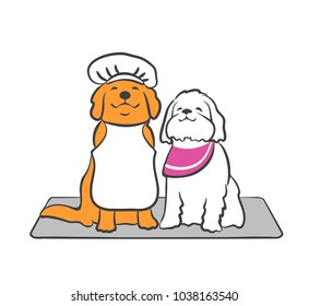 cartoon dogs with chef hat and bandana sitting on a matt. canine accessories vector drawing