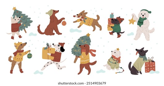 Cartoon dogs with Christmas trees, gifts and Christmas toys in different pose. Christmas dogs characters illustration isolated white background