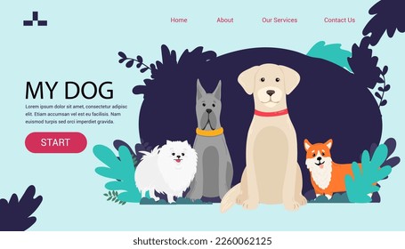 Cartoon dogs corgi banner landing page spitz, french mastiff, labrador