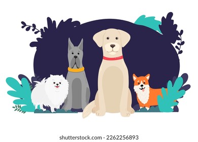 Cartoon dogs corgi banner landing page spitz, french mastiff, labrador