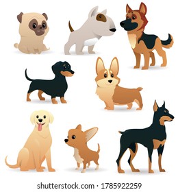 Cartoon dogs of different breeds and sizes. Funny beasts on a white background. Vector illustration