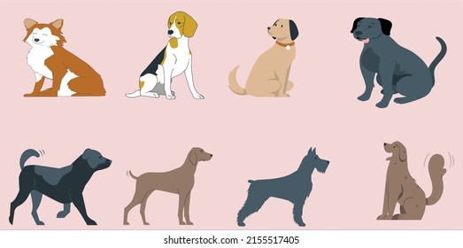 Cartoon dogs of different breeds and sizes. Funny beasts background. Vector illustration.