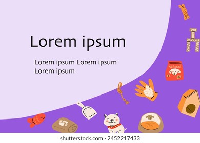 Cartoon dogs and equipment background. Cute doodle poodle, terrier and bulldog home pets with supplies, toys, bed, bowl, food and leash, towel. Vector banner with copy space