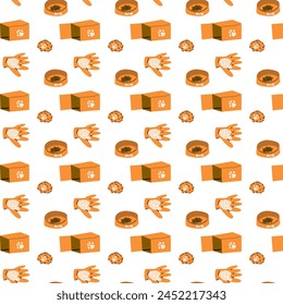 Cartoon dogs and equipment seamless pattern. Cute doodle poodle, terrier and bulldog home pets with supplies, toys, bed, bowl, food and leash, towel. Vector background