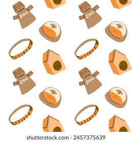Cartoon dogs and equipment seamless pattern. Cute doodle poodle, terrier and bulldog home pets with supplies, toys, bed, bowl, food and leash, towel. Vector background