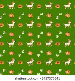 Cartoon dogs and equipment seamless pattern. Cute doodle poodle, terrier and bulldog home pets with supplies, toys, bed, bowl, food and leash, towel. Vector background