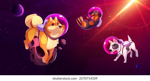 Cartoon dogs floating in colorful cosmic scene - shiba inu, dachshund, bull terrier in transparent helmets on starry purple galaxy bg. Space exploration scenery with planets and bright star streak.