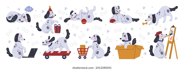 Cartoon dogs. Funny dalmatian. Cute pet activity. Happy animal character painting or working at laptop. Mammal on skateboard. Play with ball and bone. Present box. Puppy actions vector tidy set flat