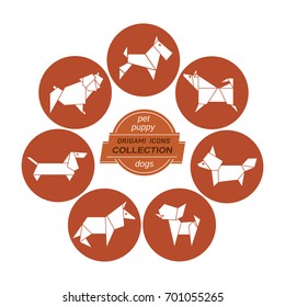 Cartoon dogs icon set. Abstract home pet dog sign silhouette in circle. Freehand drawn stylized origami puppy emblem. Template geometric logo design. Design vector element domestic animal symbol