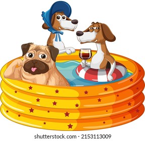 Cartoon dogs in inflatable pool illustration