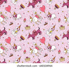 Cartoon dogs on the birthday party.  Vector illustration. Funny design with dogs for fabric, wallpaper or wrap paper.