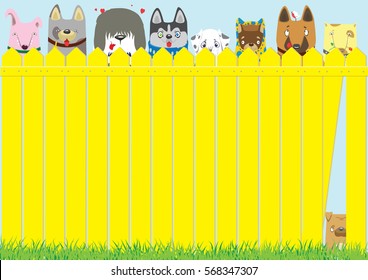 Cartoon dogs on the yellow fence on blue sky background. Cute pets background.