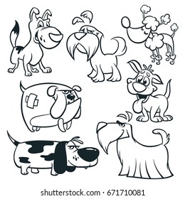 Cartoon dogs outlined. Vector illustrations of funny dogs:  retriever, dachshund, terrier, poodle, spaniel, bulldog, basset hound. Coloring book