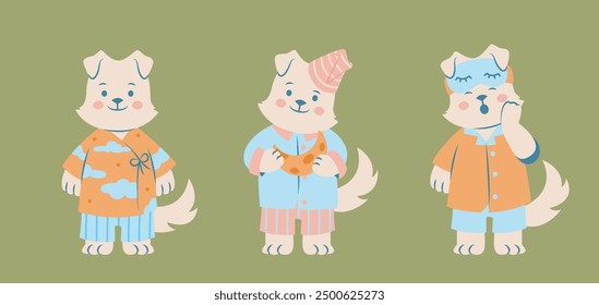 Cartoon dogs in pajamas on a green background. Puppies engaged in bedtime activities like wearing a sleep mask, holding a toy moon, and yawning. Cute animal illustration.