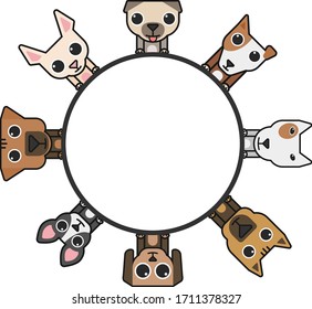 Cartoon dogs and pets with circle frame.Vector illustration.