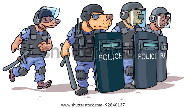 警察の制服を着た漫画の犬が 機動隊の盾の後ろに立っている のベクター画像素材 ロイヤリティフリー