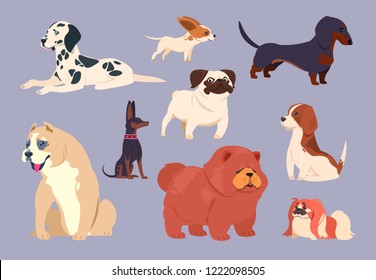 Cartoon dogs. Puppy pet different breeds. Chow chow, dachshund and dalmatian, pit bull and pekingese, pug and beagle vector collection