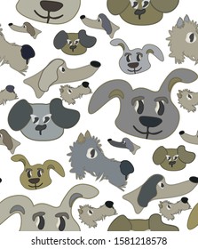 Cartoon dogs seamless pattern on a white background. for printing on fabric, gift paper, design of a children's room for a birthday celebration. For use in an animal store, dog food packaging, animal 