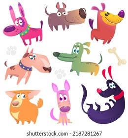 Cartoon dogs set. Bulldog poodle chihuahua dachshund jack russel terrier corgi rottweiler beagle labrador and doberman. Vector illustration isolated