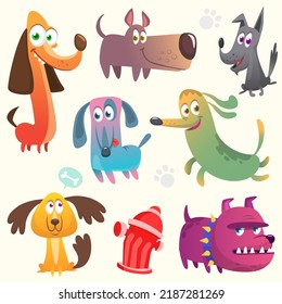 Cartoon dogs set. Bulldog poodle chihuahua dachshund jack russel terrier corgi rottweiler beagle labrador and doberman. Vector illustration isolated