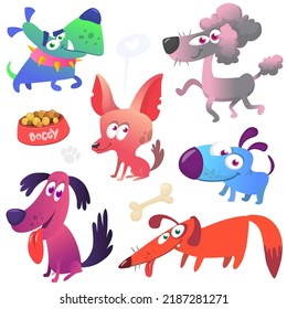 Cartoon dogs set. Bulldog poodle chihuahua dachshund jack russel terrier corgi rottweiler beagle labrador and doberman. Vector illustration isolated