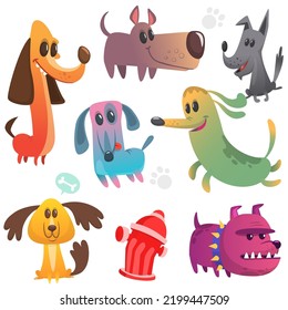 Cartoon dogs set. Bulldog poodle chihuahua dachshund jack russel terrier corgi rottweiler beagle labrador and doberman. Vector illustration isolated