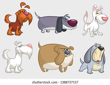 Cartoon dogs set. Retriever, dachshund, terrier,pitbull, spaniel, bulldog, basset hound, afghan hound