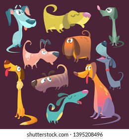 Cartoon dogs set. Retriever, dachshund, terrier,beagle, spaniel, bulldog, Jack Russel, afghan hound, shepherd dog