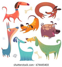 Cachorros de desenhos animados. Ilustrações vetoriais de ícones de cães. Retriever, dachshund, terrier, pitbull, spaniel, bulldog, basset hound, cão afegão, borzoi. Design para logotipo, emblema, cartaz, mascote