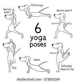 Cartoon dogs show 6 yoga poses. Vector