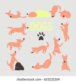 Cartoon dogs vector set. Collection of color cartoon dog in different positions.