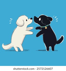 cartoon, dogs, white dog, black dog, playing, standing, cute, illustration, pets, animals, friendship, collar, happy, fun, playful, drawing, digital art, adorable, interaction, puppy, joyful