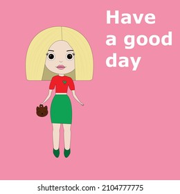 Cartoon doll with blond hair and a funny bag on a monochrome background. cute little doll princess, design for children. Have a good day