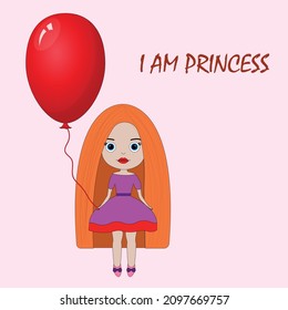 Cartoon doll with red hair and an air balloon on a monochrome background. cute little doll princess, design for children