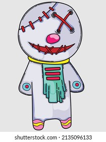 cartoon doll standing with scarf around neck and threads on eyes and mouth