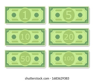 Cartoon dollar banknotes, isolated on white background