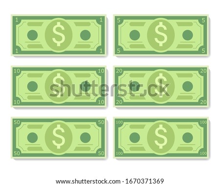 Cartoon dollar banknotes vector illustration, flat style dollar, isolated on white background.