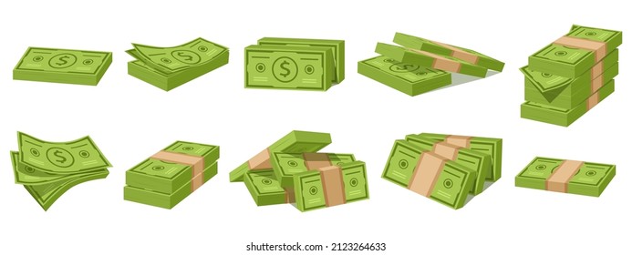 Cartoon dollar bunch, money cash wad. Green paper bills and bundles of banknotes vector illustration set. Big wad of cash. Financial savings, income heaps isolated on white. Salary packs