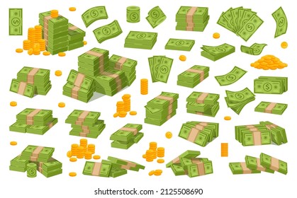 Cartoon dollar cash, money stacks and banknotes. Green dollars bill bundle, piles of cash and gold coins vector illustration set. Golden coins and banknotes icon. Getting income, investing concept