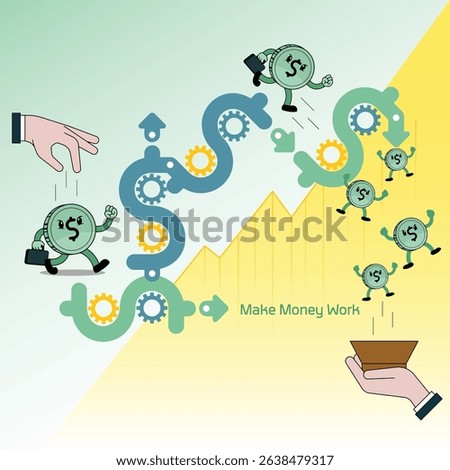 Cartoon dollar coin character is put to work on a winding gear-filled path, symbolizing 