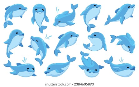 Cartoon dolphin characters. Cute funny marine animal, different swim poses and jumps, oceanarium inhabitants, show mascot. Aquatic mammal, dolphinarium performance, tidy vector isolated set