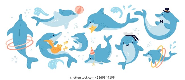 Cartoon dolphin characters with show elements. Dolphinarium inhabitants. Marine animals play with hoop and ball. Aquatic mammal jumping and doing tricks. Ocean fish