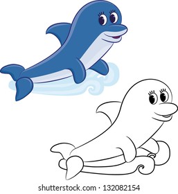 Cartoon dolphin. Coloring book. Vector illustration